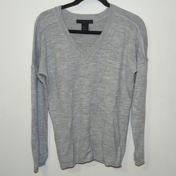 Calvin Klein Light Gray V-Neck Sweater Merino Wool Blend Women's Size M - Picture 1 of 5